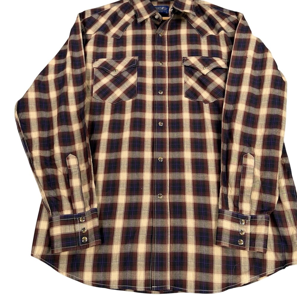VTG Pendleton Frontier Shirt Men's Large Plaid Western Pearl Snap Cotton Blend